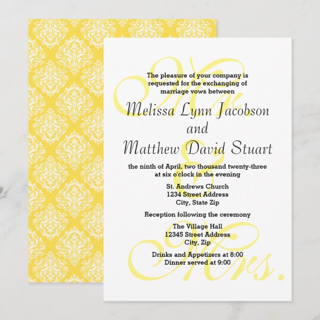 Mr. & Mrs. Yellow - Einladung Hochzeit & Empfang (Vorne/Hinten)