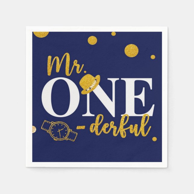 Mr. One-derful Navy Blue and Gold Birthday Party Serviette (Vorderseite)