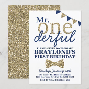 Mr Onederful Blau und Gold Einladung zum ersten Ge