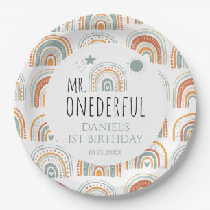 Mr Onederful Boho Rainbow First Birthday Green Pappteller