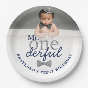 Mr Onederful Navy- und Silber-Geburtstagsteller au Pappteller