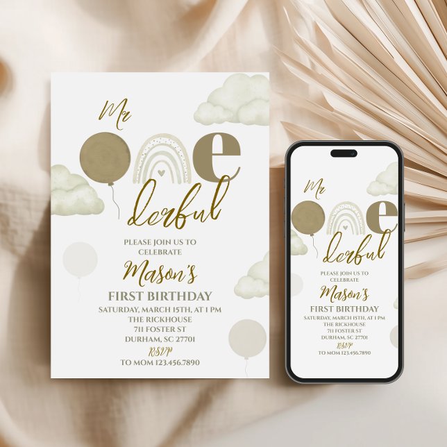 Mr ONEderful Neutral First Birthday Invitation Einladung (Von Creator hochgeladen)
