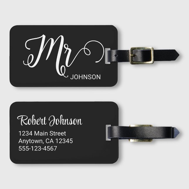 Mr Personalized Elegant Script Groom Name Black Gepäckanhänger (Von Creator hochgeladen)