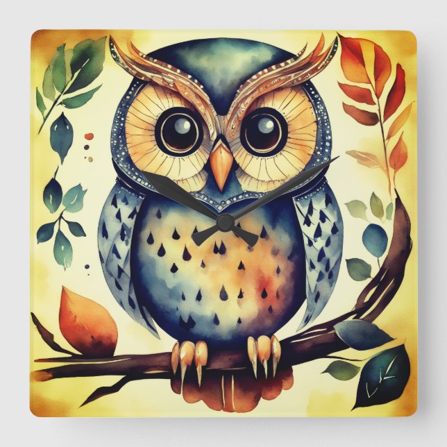 Mr. Primitive Owl Quadratische Wanduhr (Vorderseite)