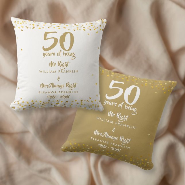 Mr Right Fun Golden 50. Hochzeitstag Kissen (Mr Mrs Right Fun Golden 50th Wedding Anniversary Throw Pillow)