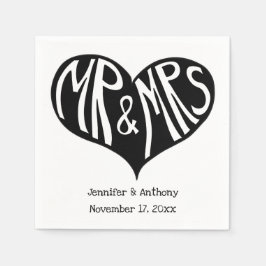 Mr. und Mrs. Black and White Heart Shape Wedding Serviette