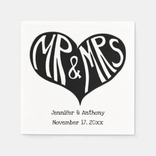 Mr. und Mrs. Black and White Heart Shape Wedding Serviette