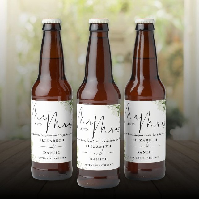 Mr. und Mrs. Cheers to Liebe Greenery Wedding Bierflaschenetikett (Mr And Mrs Cheers To Love Greenery Wedding Beer Bottle Label)