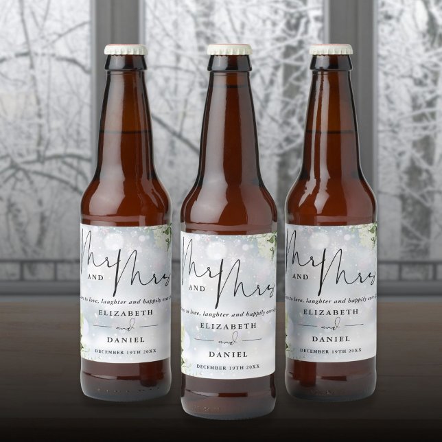 Mr. und Mrs. Cheers to Liebe Winter Wedding Bierflaschenetikett (Mr And Mrs Cheers To Love Winter Wedding Beer Bottle Label)