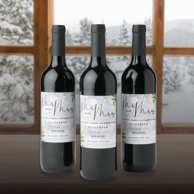 Mr. und Mrs. Cheers to Liebe Winter Wedding Weinetikett (Mr And Mrs Cheers To Love Winter Wedding Wine Label)