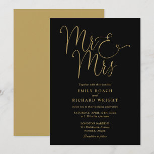 Mr. und Mrs. Elegant Script Black and Gold Hochzei Einladung