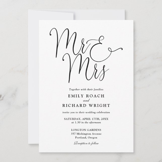 Mr. und Mrs. Elegant Script Black and White Weddin Einladung (Vorderseite)