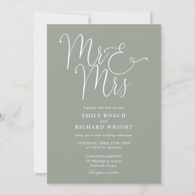Mr. und Mrs. Elegant Script Sage Green Wedding Einladung (Vorderseite)