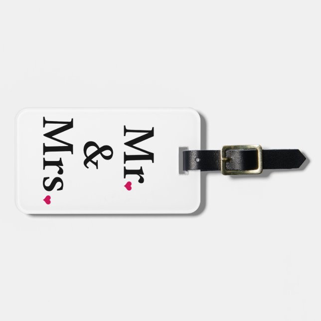 mr. und mrs. mit zwei roten Herzen Gepäckanhänger (Vorderseite horizontal)