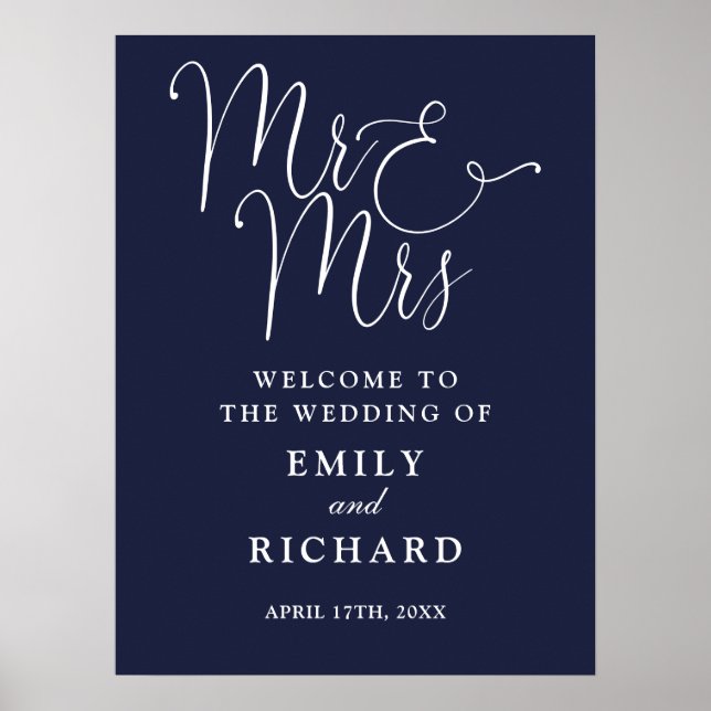 Mr. und Mrs. Navy Blue Wedding Begrüßungszeichen Poster (Vorne)