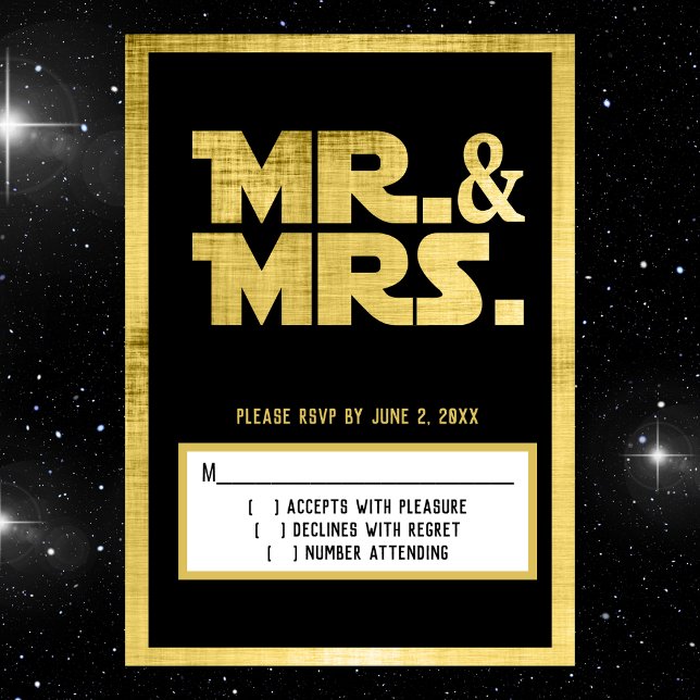 Mr. und Mrs. Sci Fi Black Gold Wedding RSVP Karte (sci fi wedding rsvp)