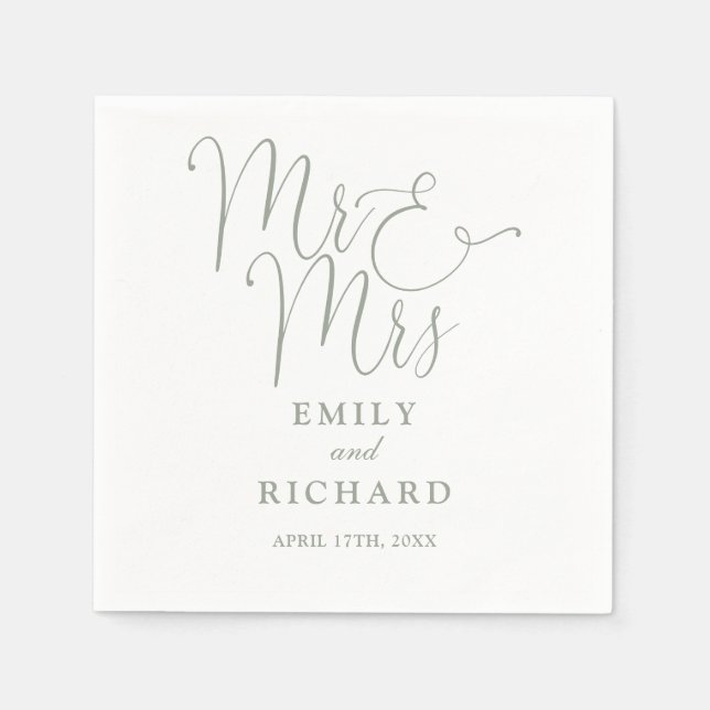 Mr. und Mrs. Script Elegant Sage Green Wedding Serviette (Vorderseite)