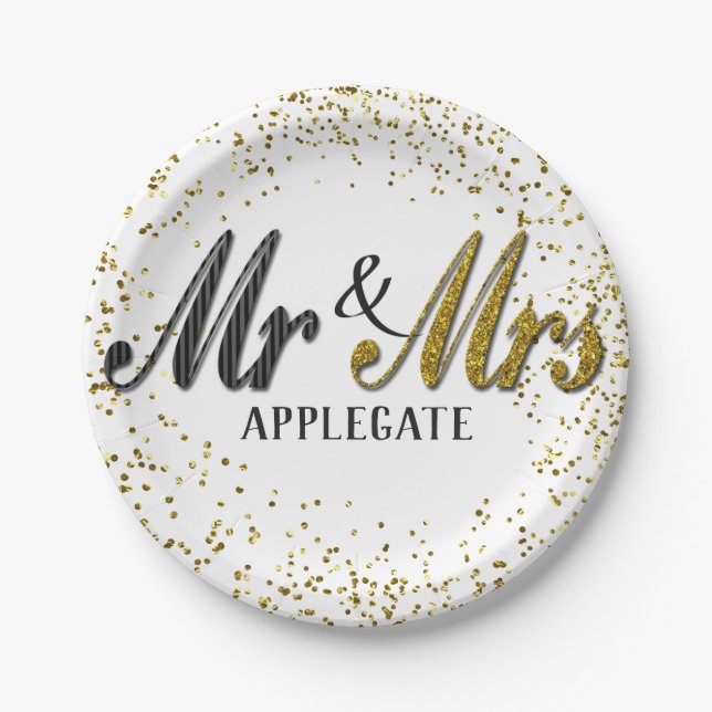 Mr. und Mrs. Tuxedo Gold Personalisiert Custom Wed Pappteller (Vorderseite)