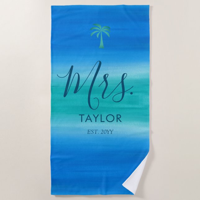 Mrs Beach Ombre Ocean Blue Green Wedding Geschenk Strandtuch