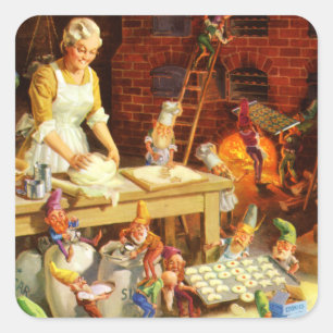 Mrs. Claus und Santas Elfen backen Weihnachtskekse Quadratischer Aufkleber