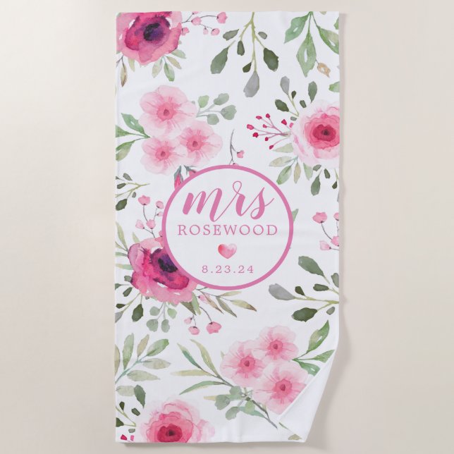 Mrs Date Soft Pink Watercolor Floral Strandtuch (Vorderseite)