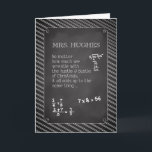 Mrs. Hughes, Mathelehrerin Weihnachten Personalisi<br><div class="desc">Dieses Chalkboard-Aussehen Weihnachtskarte ist perfekt,  um an Ihren Mathematiklehrer zu senden! Mathematik Probleme füllen das Board,  und der Name des Mathematiklehrers wird seine Karte personalisieren! Schicken Sie von einer Person oder einer Gruppe.</div>