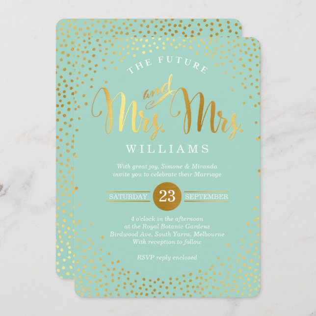 MRS & MRS STYLISH WEDING Gold Konfetti-Minze Einladung (Vorne/Hinten)