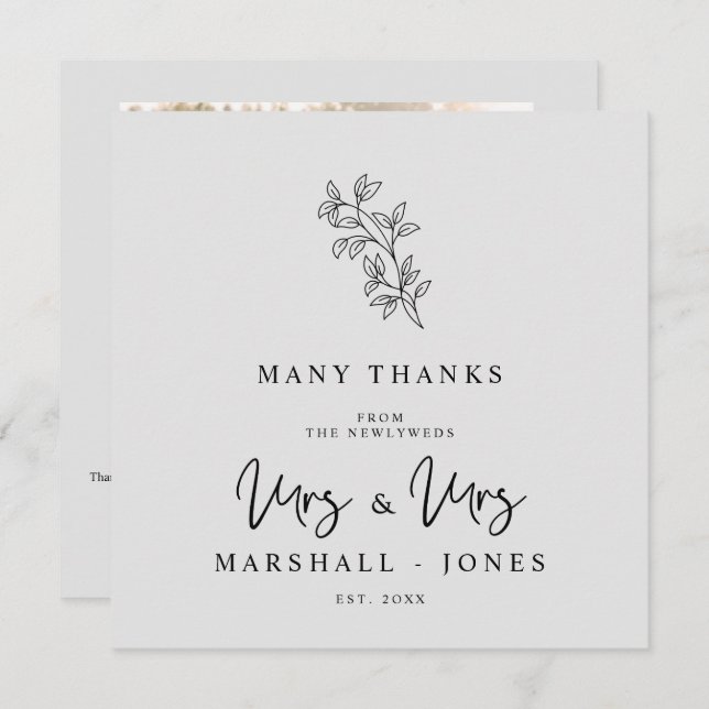 MRS & MRS Wedding Black Fancy Minimalist Branches Dankeskarte (Vorne/Hinten)
