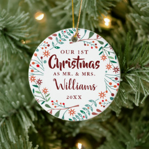 Mrs. Our First Christmas Holiday Floral Foto Keramik Ornament
