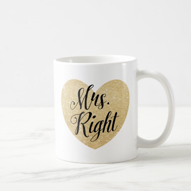 Mrs Right Glitzer Goldenes Herz personalisiert Tasse (Rechts)