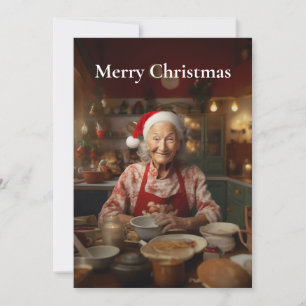 Mrs. Santa backt einen Kuchen Feiertagskarte