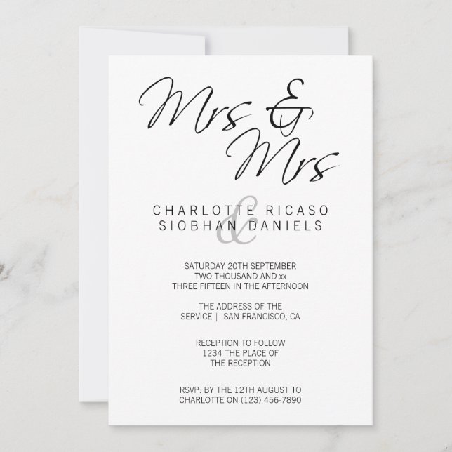 Mrs. und Mrs. Elegant Text Lesbian Wedding Einladung (Vorderseite)