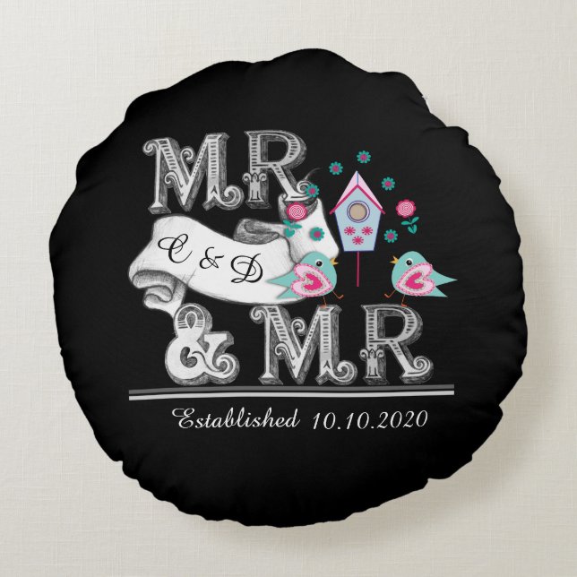Mrs. und Mrs. Personalisiert Gay Wedding Gift Rundes Kissen (Rückseite)