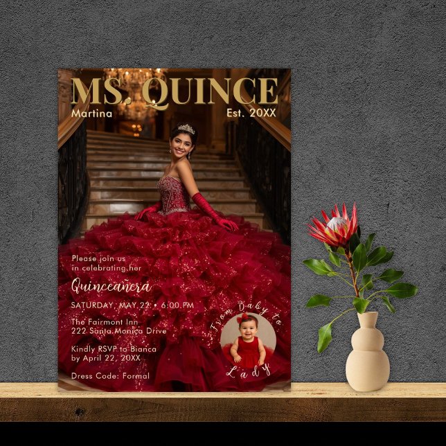 Ms. Quince Red and Gold Quinceañera Einladung (Von Creator hochgeladen)