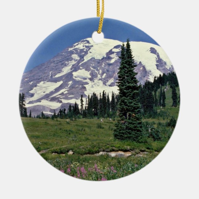 Mt. Rainer, Washington-Rot-Blumen Keramikornament (Vorne)