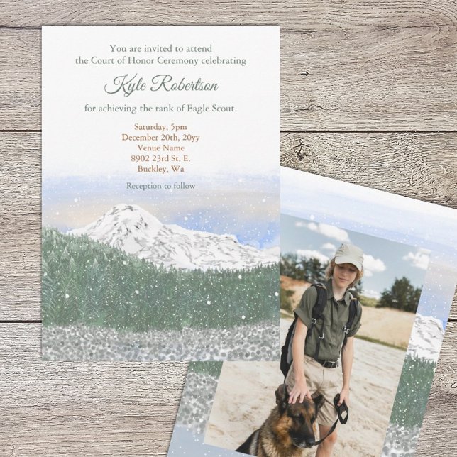 Mt. Rainier, Eagle Scout, Court of Honor Ceremony Einladung (Eagle scout court of honor invitation with mountains, trees and snow landscape, photo on back)