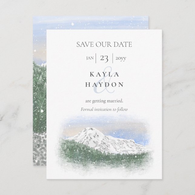 Mt Rainier, Falling Snow Wedding Save the Date Einladung (Vorne/Hinten)