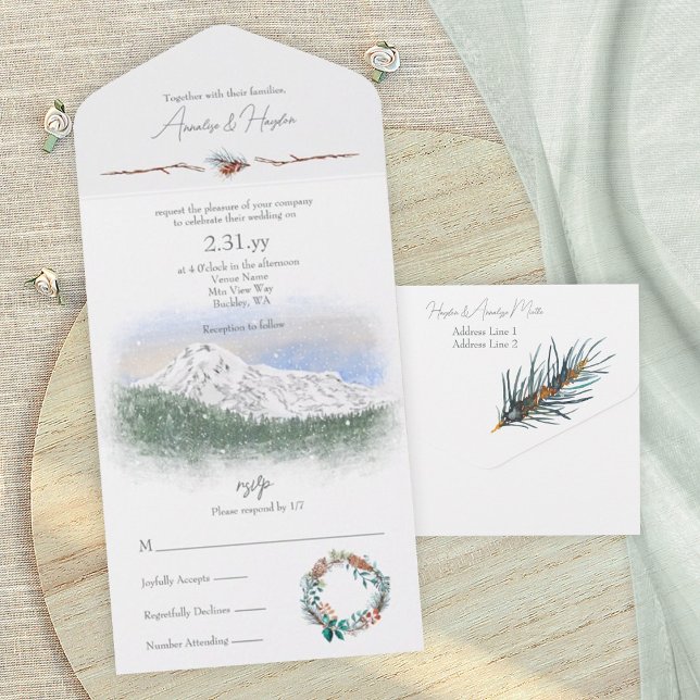 Mt. Rainier, Snow, Pinecones, Pine Needles All In One Einladung (Mt. Rainier, snow mountain wedding invitation card, pine trees, pacific northwest, winter wedding)