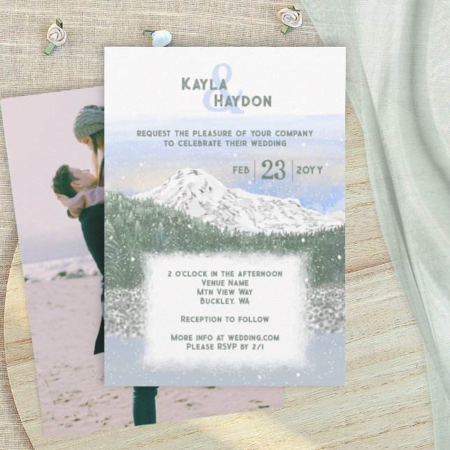 Mt. Rainier, Winterhochzeit mit fallendem Schnee Einladung (Mt Rainier National Forest, mountain wedding invitation card, snow, winter, pacific northwest)