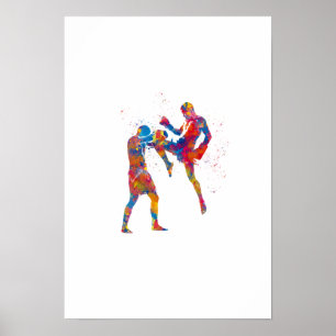 Muay thai Kämpfer in Aquarellfarbe Poster