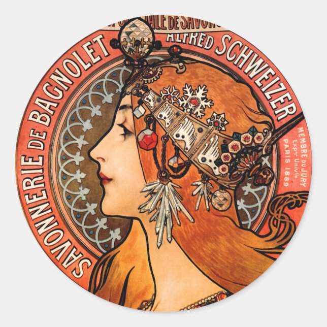 Mucha Art Nouveau Bagnolet Lady Runder Aufkleber (Vorderseite)