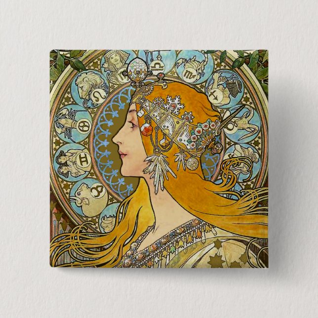 Mucha Art Nouveau Button - Zodiac - La Plume (Vorderseite)