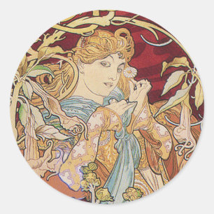 Mucha Art Nouveau: Frau mit Gänseblümchen Runder Aufkleber