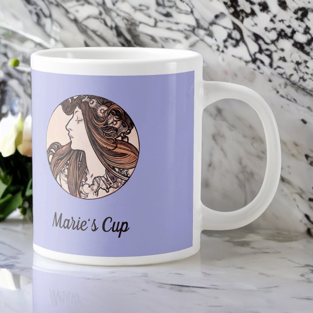Mucha Art Nouveau Frau Pink Blume auf Lila Jumbo-Tasse (Von Creator hochgeladen)