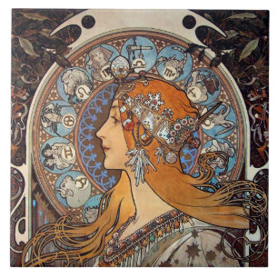 Mucha Art Nouveau Frau Vintage Französisch Zodiac  Fliese