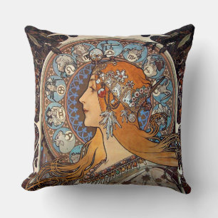 Mucha Art Nouveau Frau Vintage Französischer Tierk Kissen