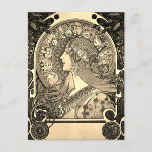 Mucha Art Nouveau Frau Vintage Zodiac La Pluma  Einladungspostkarte