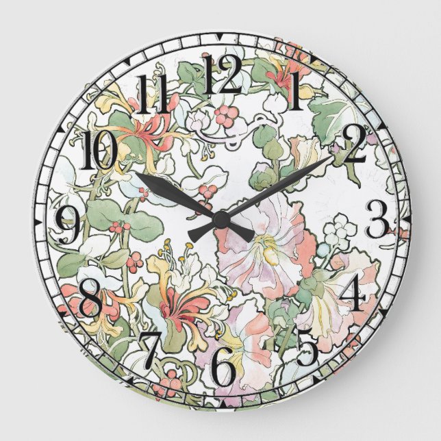 Mucha Art Nouveau Hollyhock Blume Wall Clock Große Wanduhr (Vorderseite)