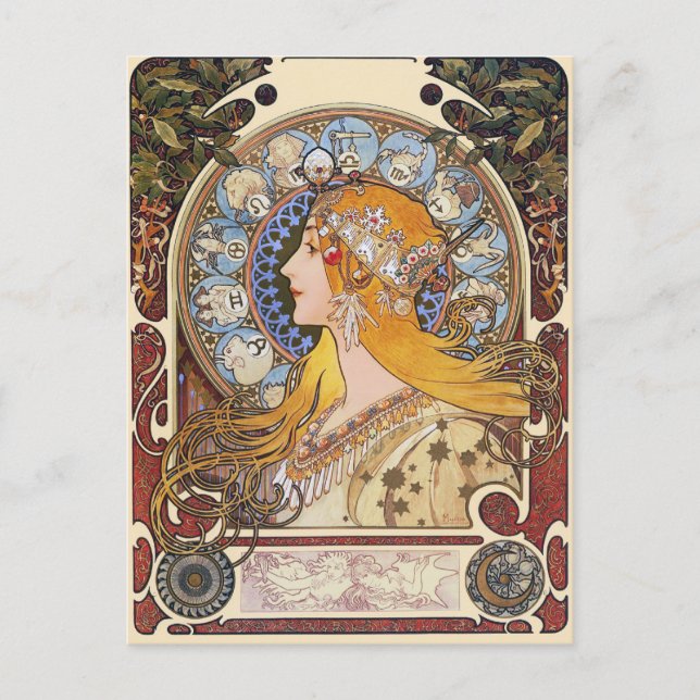 Mucha Art Nouveau Postcard - Zodiac - La Plume Postkarte (Vorderseite)