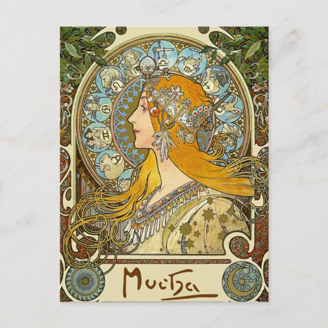 Mucha Art Nouveau Postcard - Zodiac - La Plume Postkarte (Vorderseite)